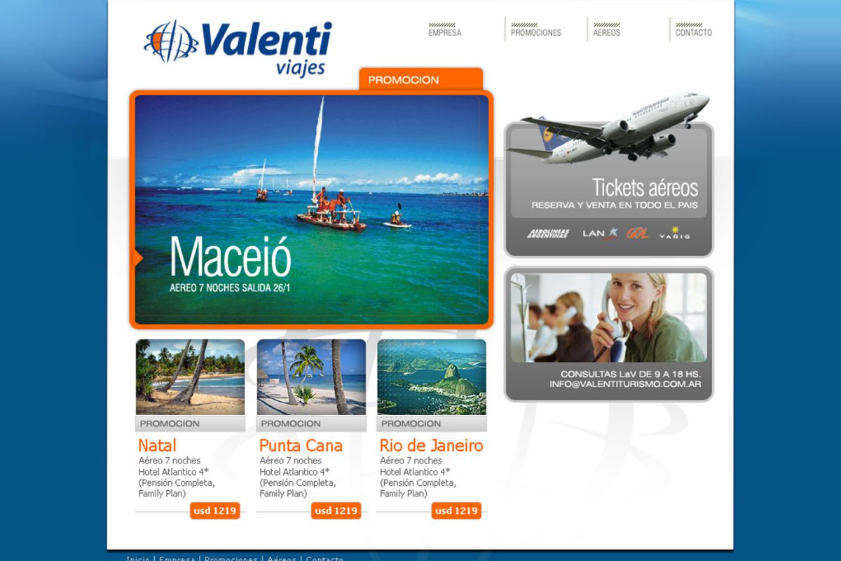 Valenti Viajes. Turismo internacional. Sitio web 2009